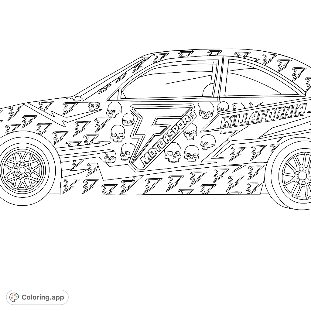 Unleash your creativity on this aggressive race car coloring page, featuring intricate skull and lightning bolt patterns for a dynamic design.