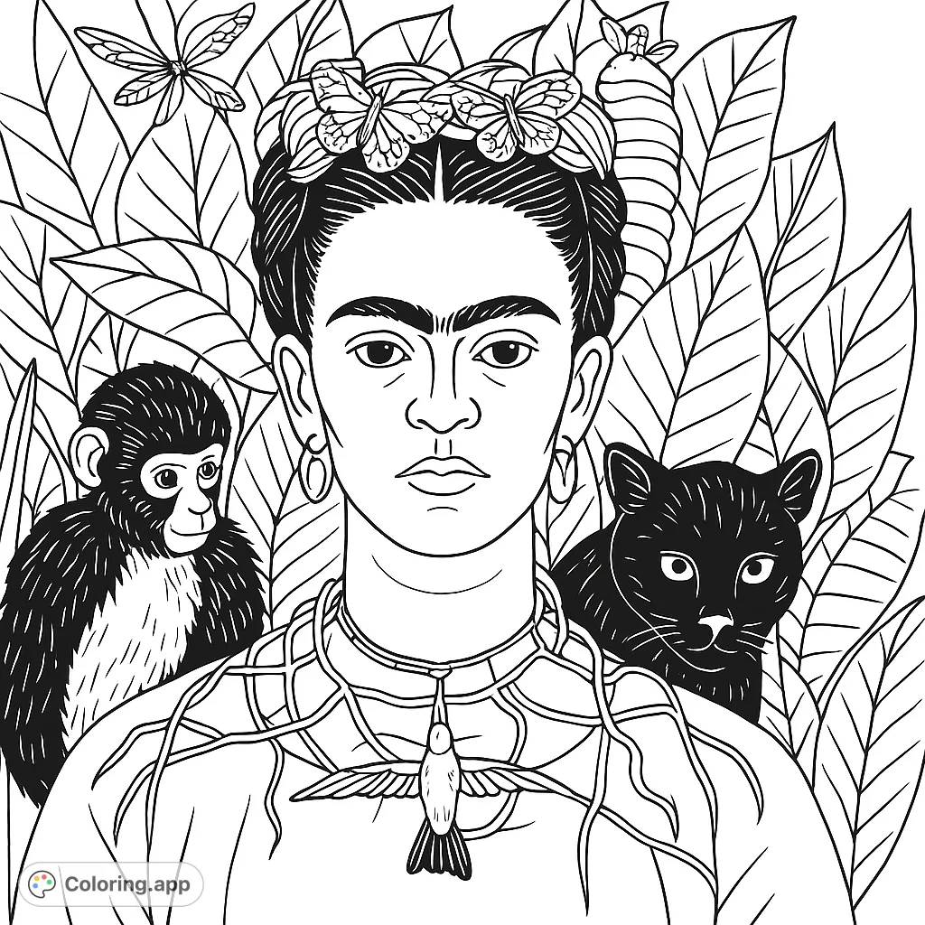 Color a captivating portrait featuring a renowned artist, surrounded by lush foliage, a monkey, a cat, and a unique thorny necklace with a hummingbird pendant.
