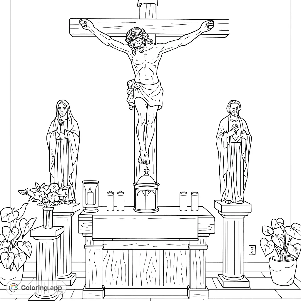 A solemn religious scene featuring a crucifix, sacred figures, and an altar adorned with candles and flowers, perfect for reflection.