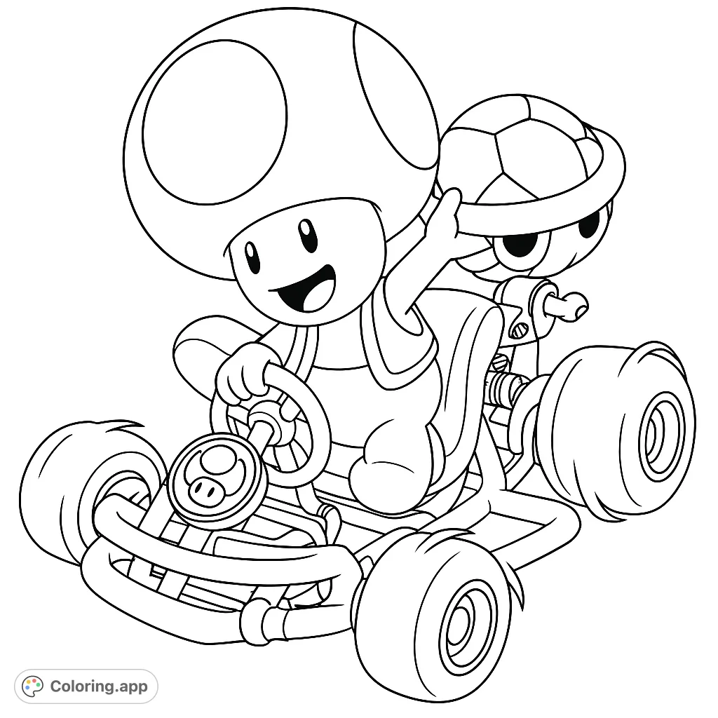 Join Toad on a thrilling kart racing adventure! This fun coloring page features the iconic mushroom character in his speedy vehicle, ready for action.