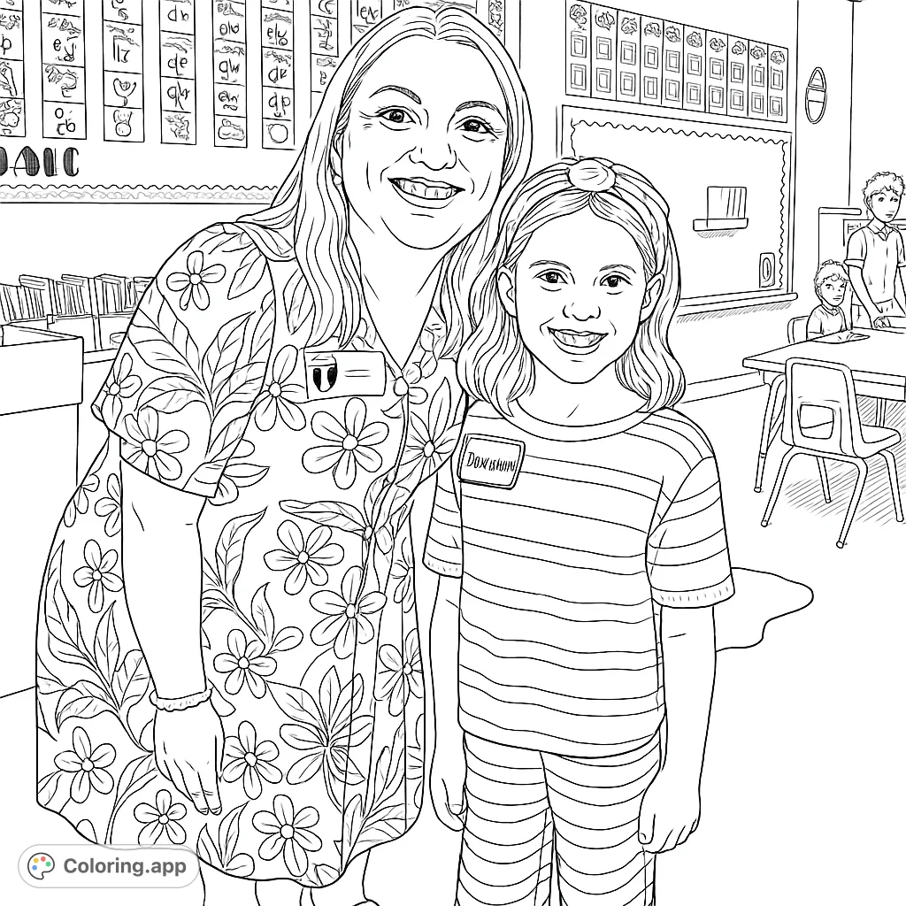 A heartwarming classroom scene featuring a smiling teacher and student, perfect for a school-themed coloring page.