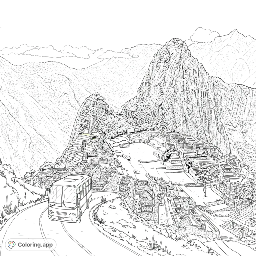 Embark on a journey to the iconic ancient city of Machu Picchu. This detailed coloring page features a bus ascending a winding mountain road towards the historic ruins.