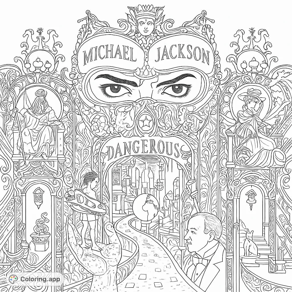 Dive into a complex, symbolic world with this Michael Jackson Dangerous album art coloring page. Intricate details and fantastical elements await your creative touch.