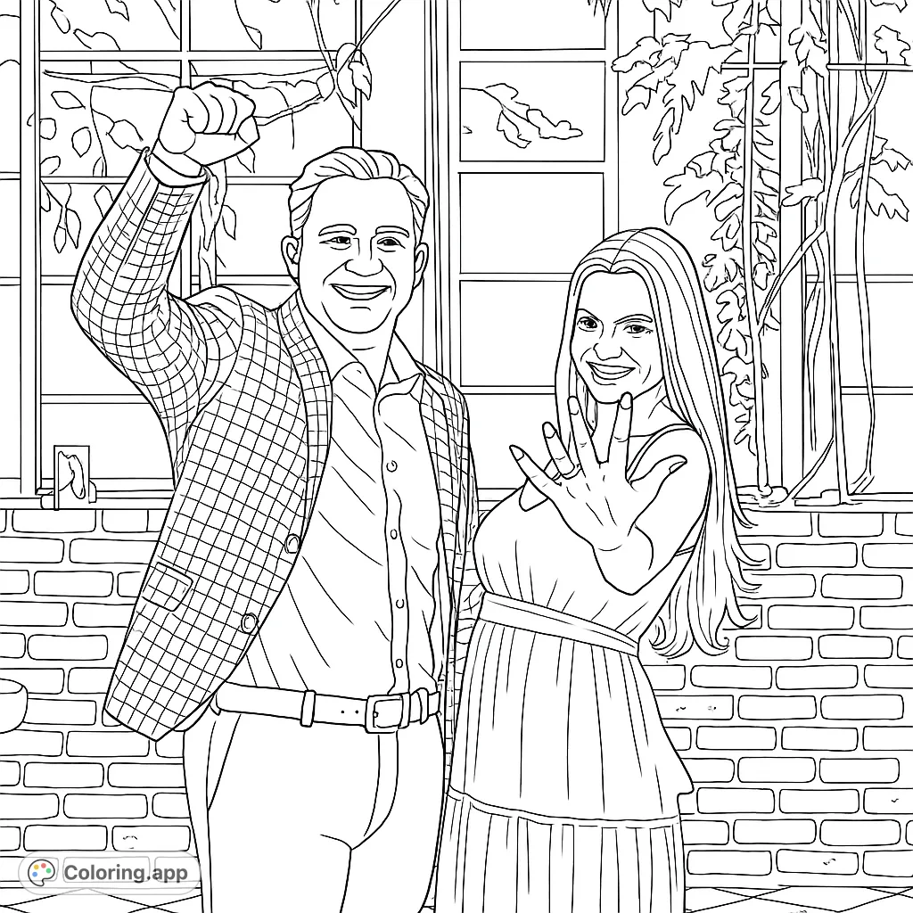 Celebrate love with this engagement coloring page! A happy couple shares their big news against a charming brick and window backdrop, perfect for personalizing.