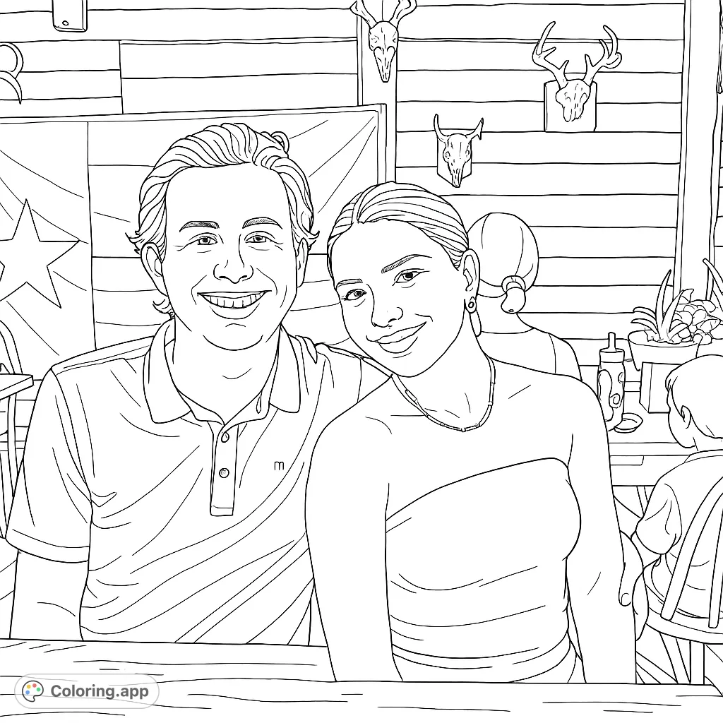 A happy couple smiles, seated at a rustic table with a flag and antlers in the background. A charming scene for a personalized coloring experience.
