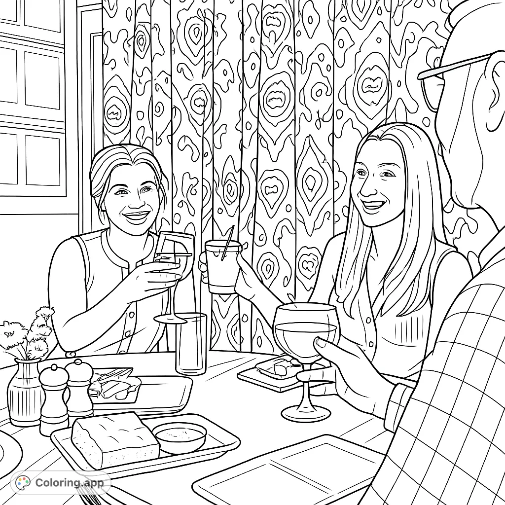 Capture a joyful moment of friends toasting at a dinner table, surrounded by detailed dining elements and a decorative background.