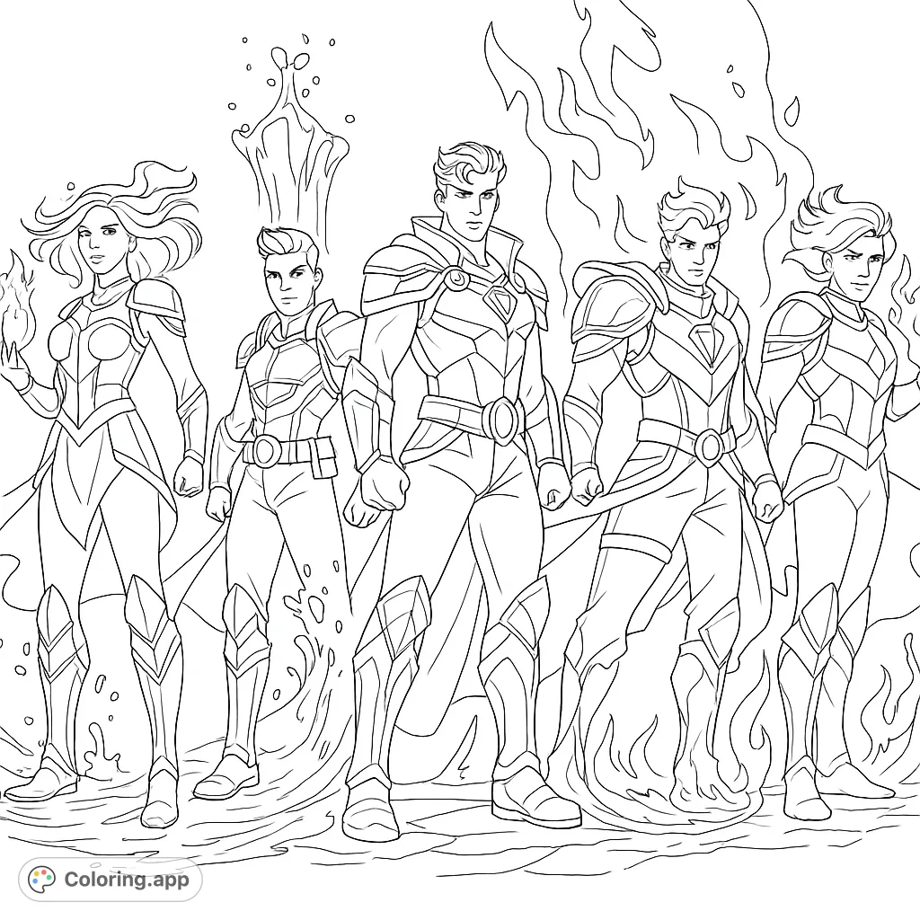 Unleash your creativity with this epic elemental champions coloring page! Featuring powerful heroes amidst water and fire, ready for your artistic touch.
