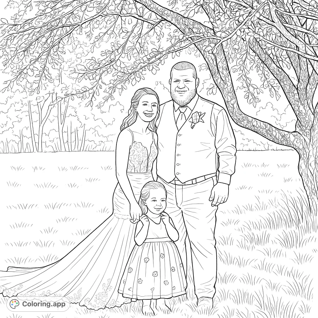 Capture a heartwarming family moment under a grand tree. This free printable coloring page features a happy couple and a child, perfect for all ages.