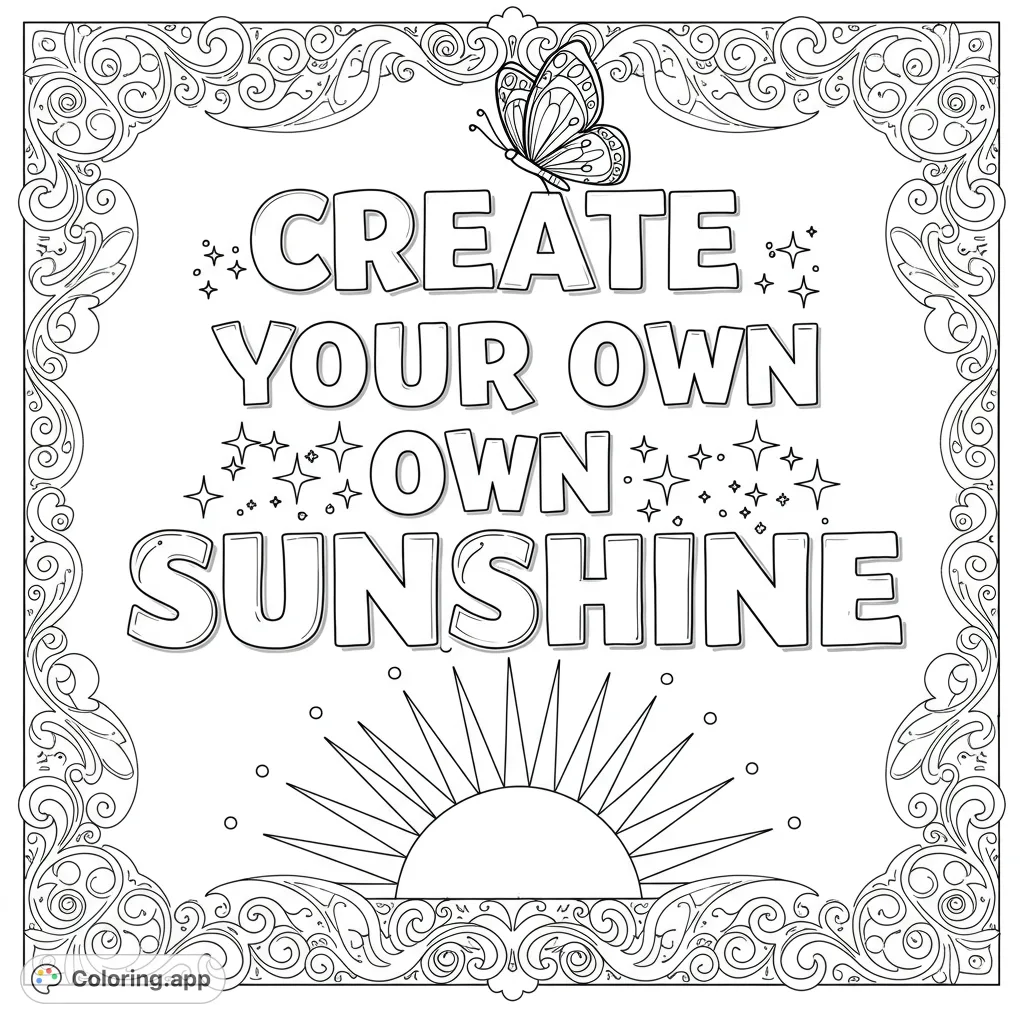 Inspiring 'Create Your Own Sunshine' coloring page featuring a bubble letter 'CREATE' with a butterfly, a geometric sun, and swirling patterns. A positive, free printable coloring page.