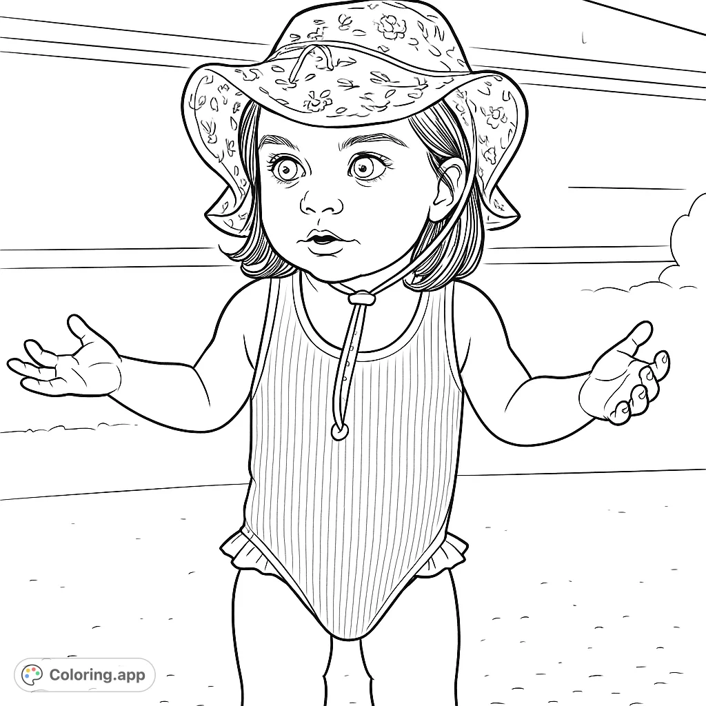 A delightful coloring page featuring a young child in a sun hat and swimsuit, perfect for summer fun and creative expression. Free printable for all ages!
