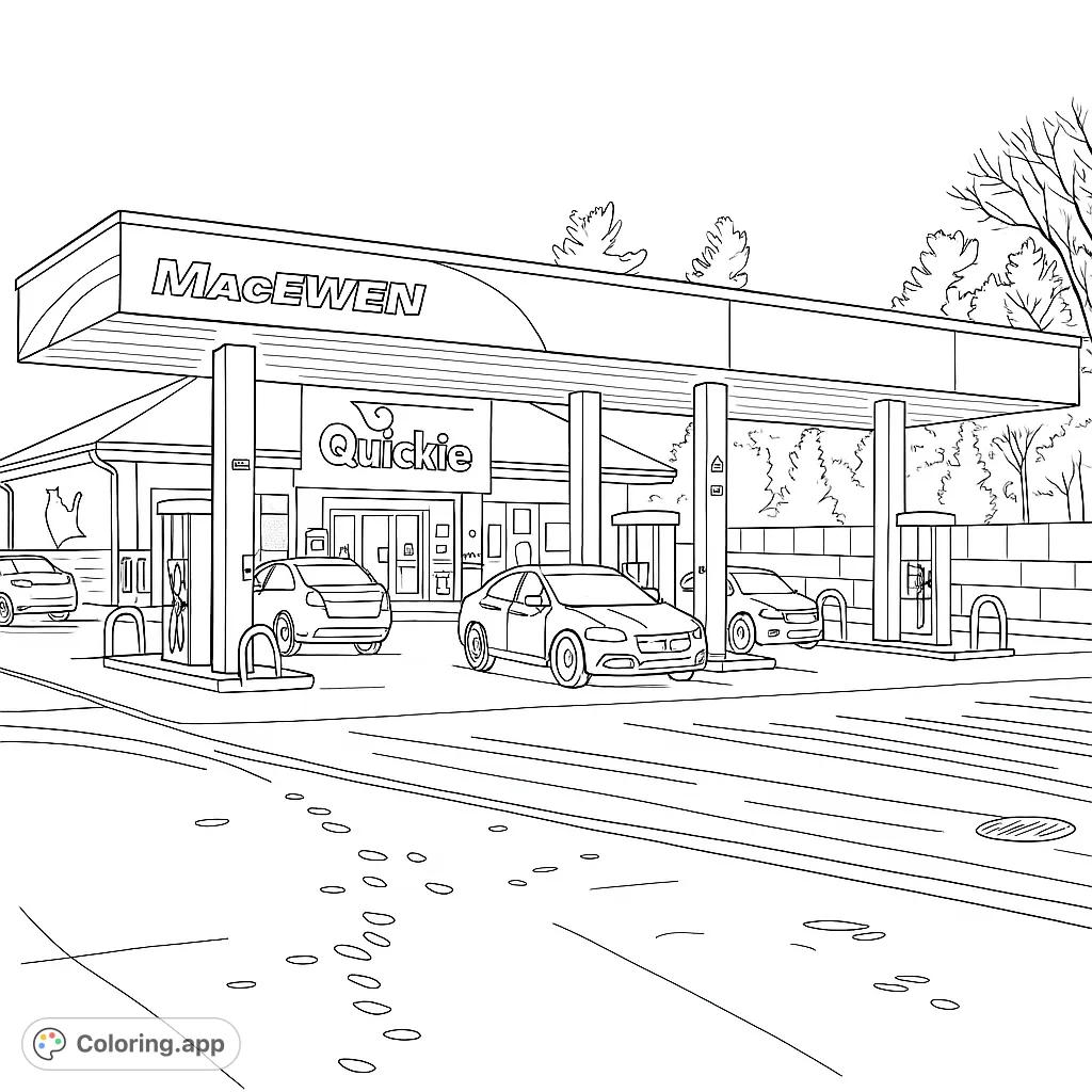 A detailed winter gas station scene featuring a canopy, fuel pumps, and various vehicles, set against a snowy landscape with a convenience store.