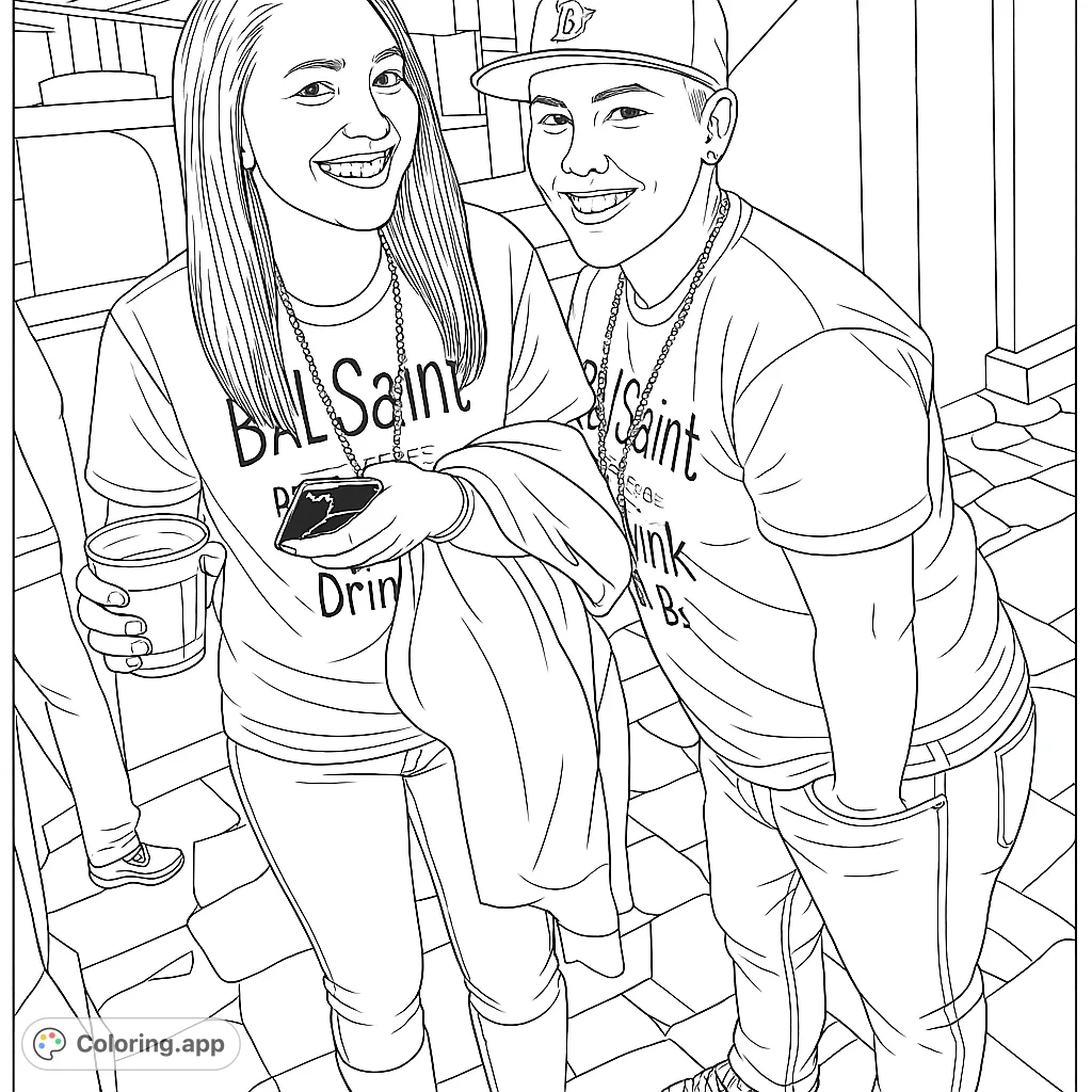 Two friends enjoying a festive gathering, perfect for a fun and engaging coloring experience with dynamic poses and a lively background.