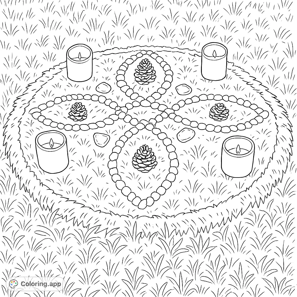 Discover a serene nature mandala coloring page, featuring a symmetrical ground arrangement with organic materials, stones, and candles. A calming design for all ages.