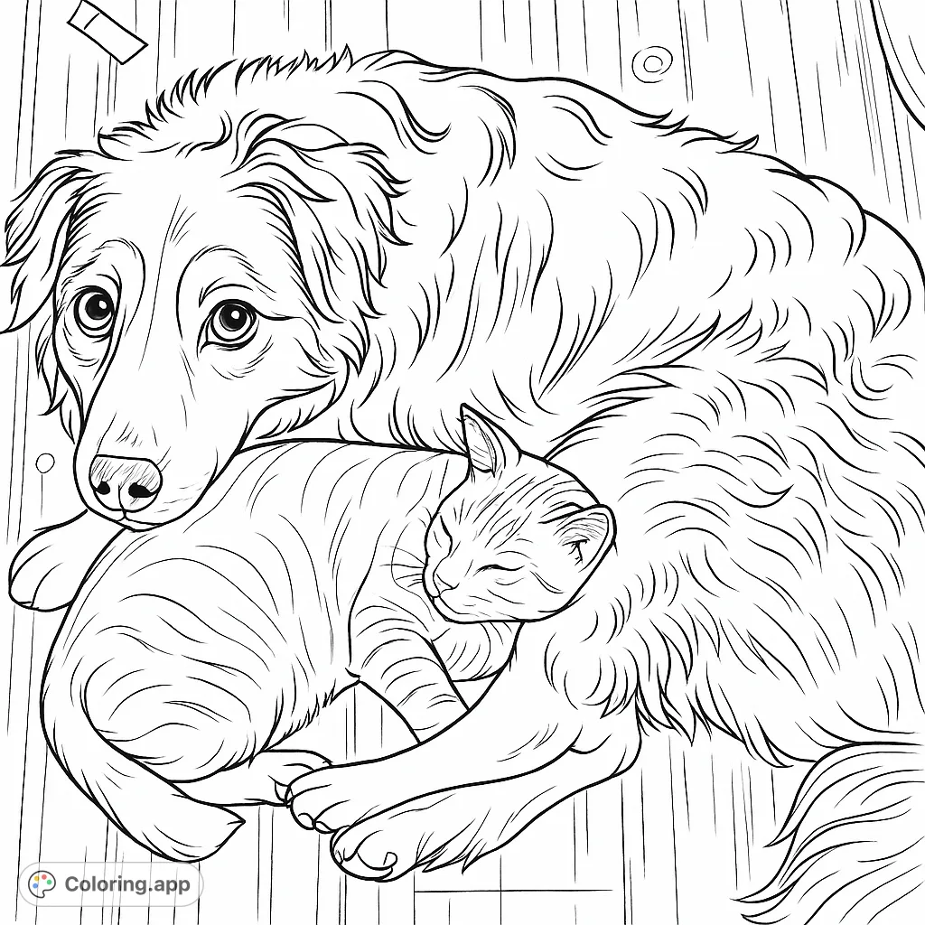 Discover the heartwarming bond between a dog and cat snuggled together. A delightful free printable animal friendship coloring page for all ages.