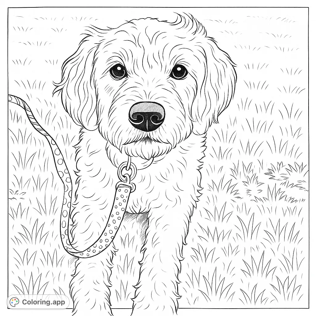 A charming shaggy dog lies on a grassy lawn, looking directly at you. Perfect for dog lovers, this free printable coloring page offers delightful details.