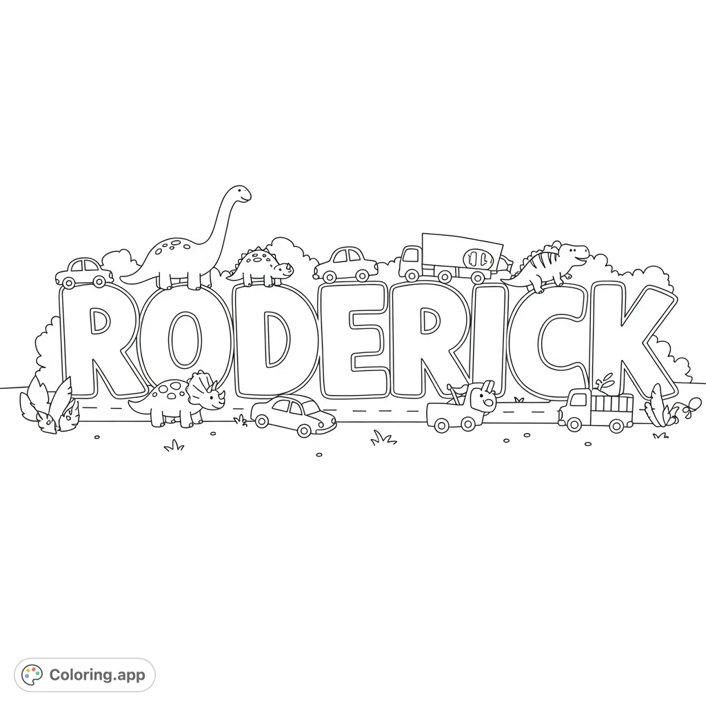 A fun toddler coloring page featuring the name Roderick, surrounded by friendly dinosaurs and chunky cars. Perfect for young explorers!