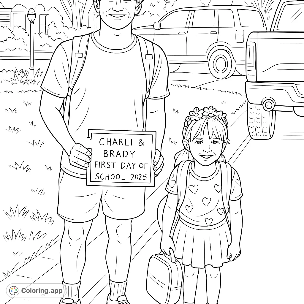 Capture the excitement of the first day of school with this charming coloring page featuring two siblings ready for their academic adventure. Perfect for all ages!
