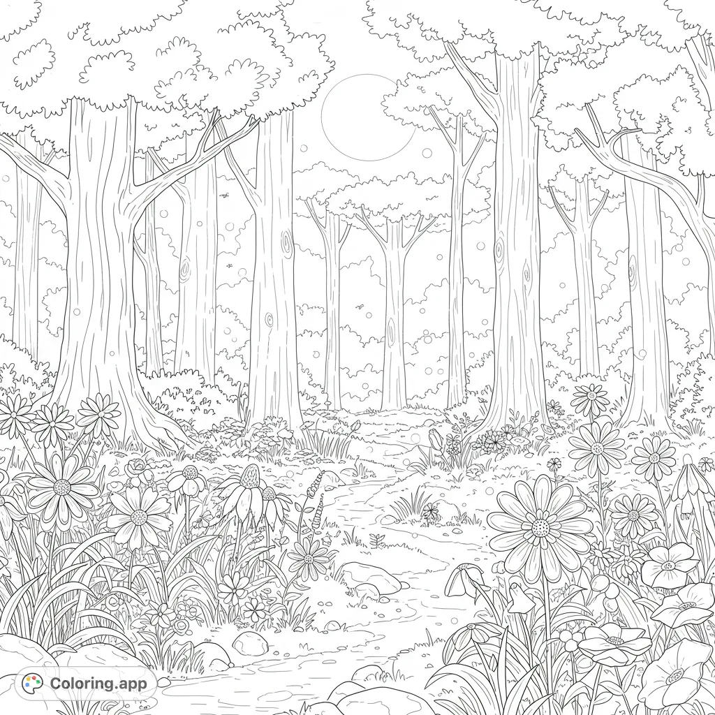 Explore a mystical enchanted forest under a prominent moon, filled with glowing fireflies and intricate magic flowers. A magical fantasy scene.
