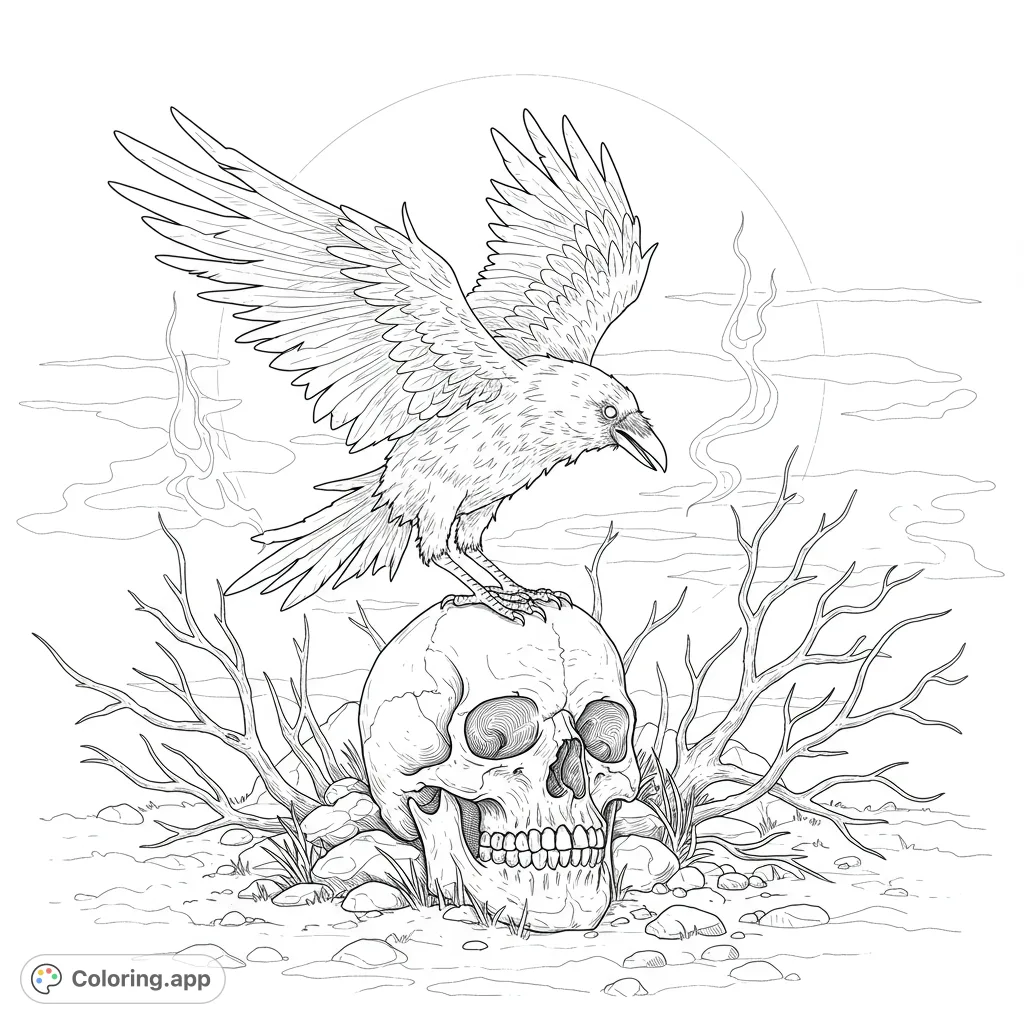 A mystical ghostly crow hovers over a weathered skull, surrounded by ethereal magic. Perfect for a fantasy coloring page.