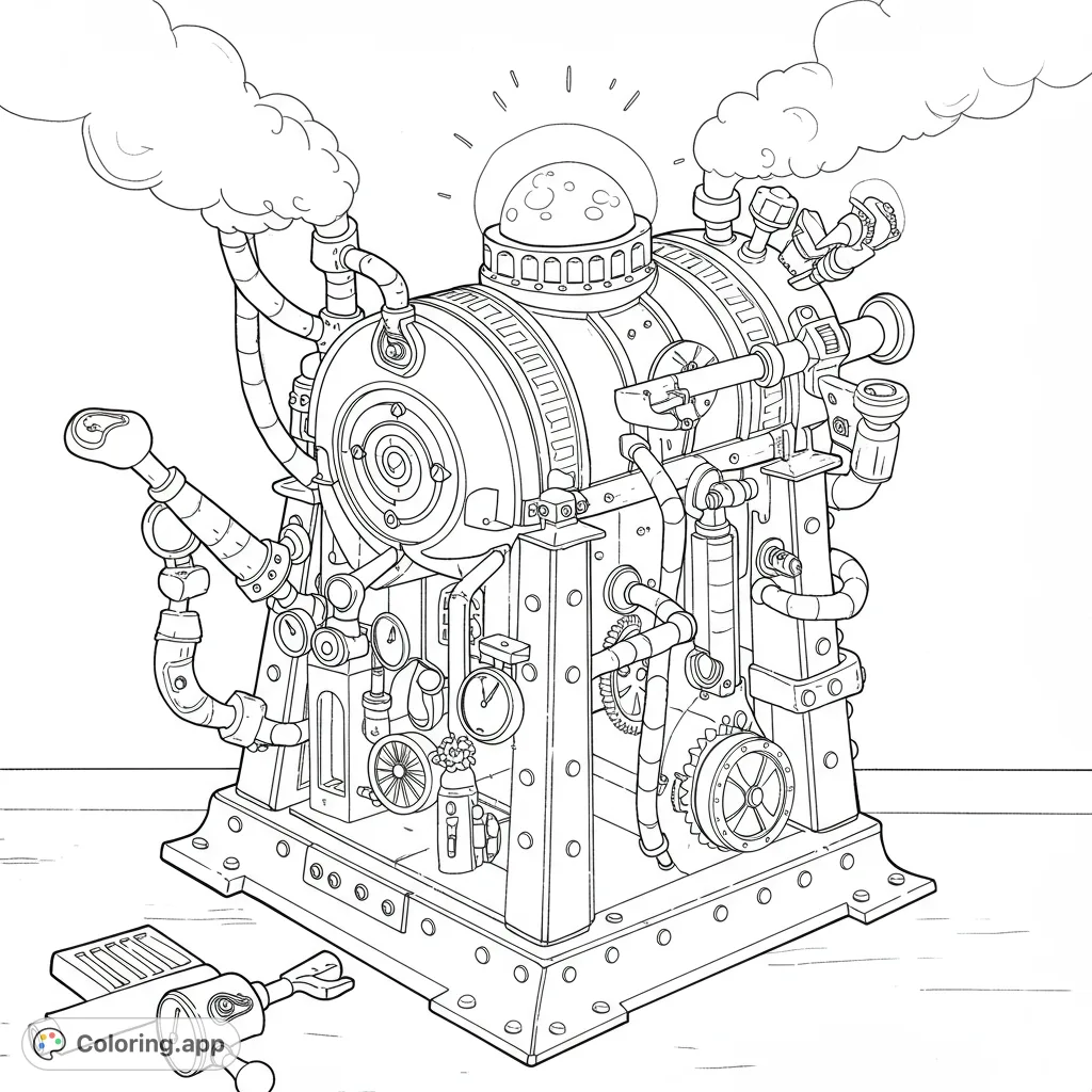 Explore a detailed steampunk magic device coloring page, featuring intricate clockwork, gears, and mystical elements for a unique fantasy adventure.