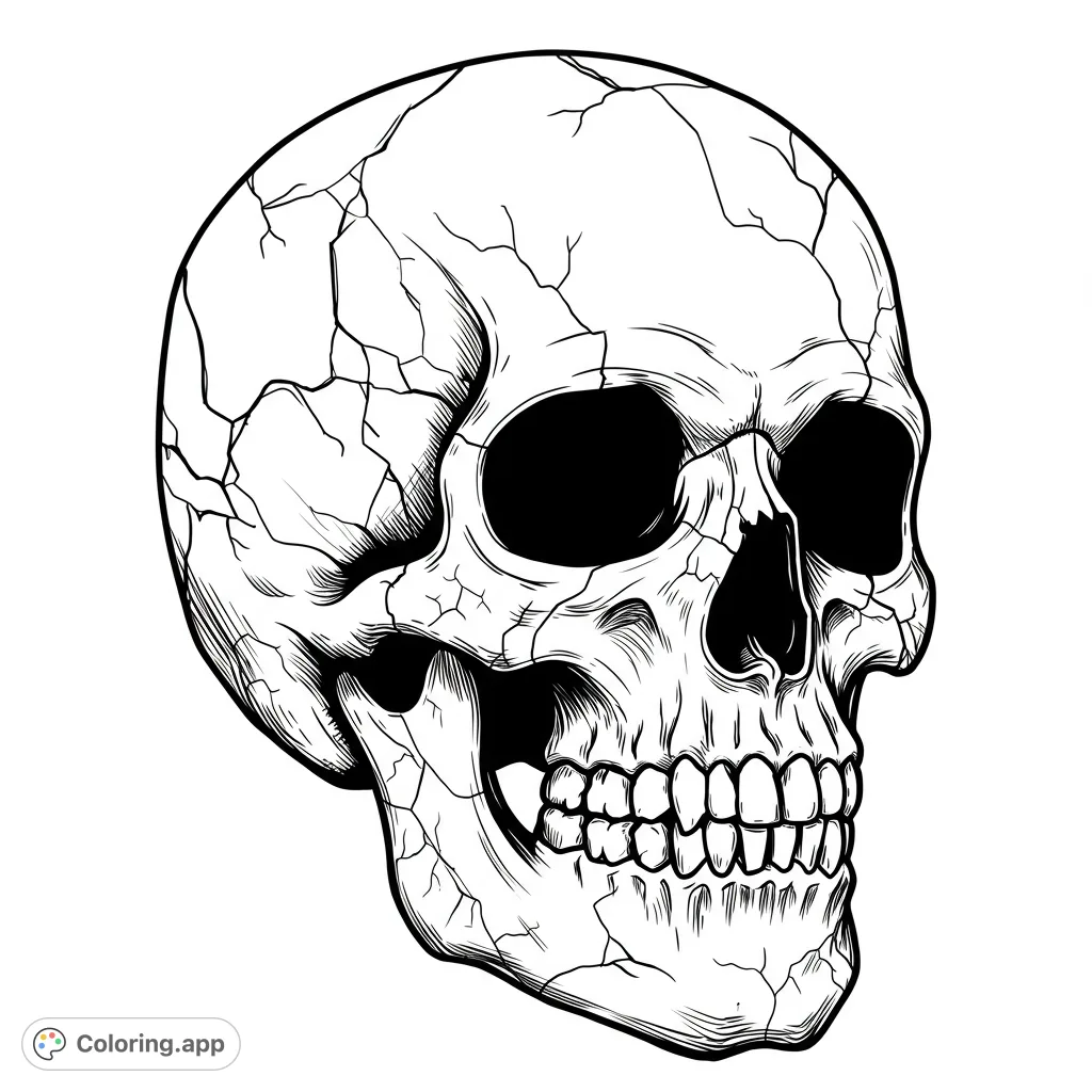 An unsettling spooky skull coloring page featuring intricate cracks and broken fragments, perfect for horror enthusiasts and those who enjoy macabre art.