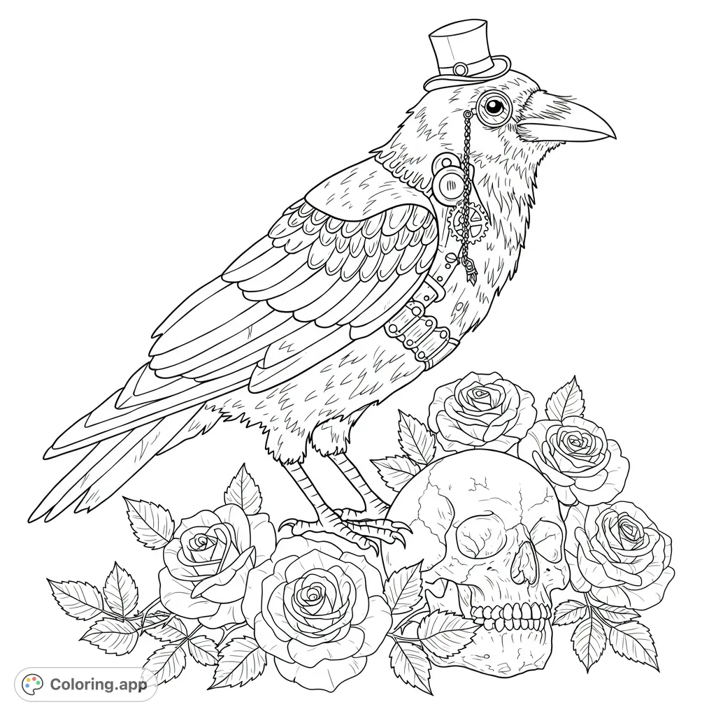 An intricate steampunk crow, adorned with gears and a top hat, perches beside a weathered skull surrounded by detailed roses. A unique fantasy scene.