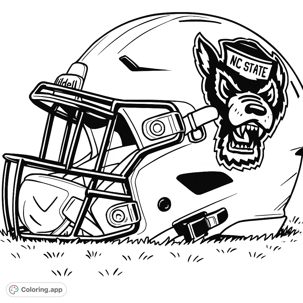 Color a detailed football helmet featuring a fierce wolf logo, complete with a face mask and a football on a field, perfect for sports fans.