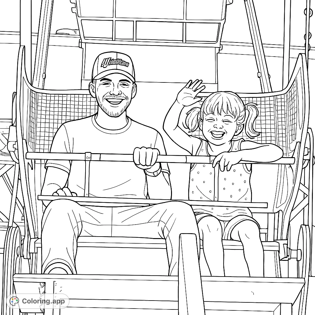 Capture the joy of a carnival ride with a smiling man and a laughing girl waving from their gondola. Perfect for a fun, family-themed coloring adventure!