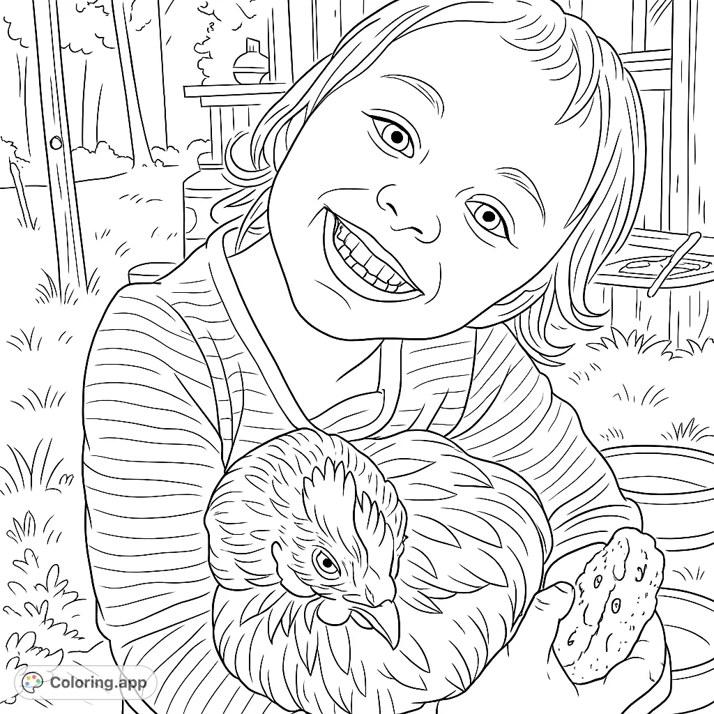 A heartwarming free printable farm animal coloring page featuring a smiling child gently holding a chicken, perfect for young animal lovers.
