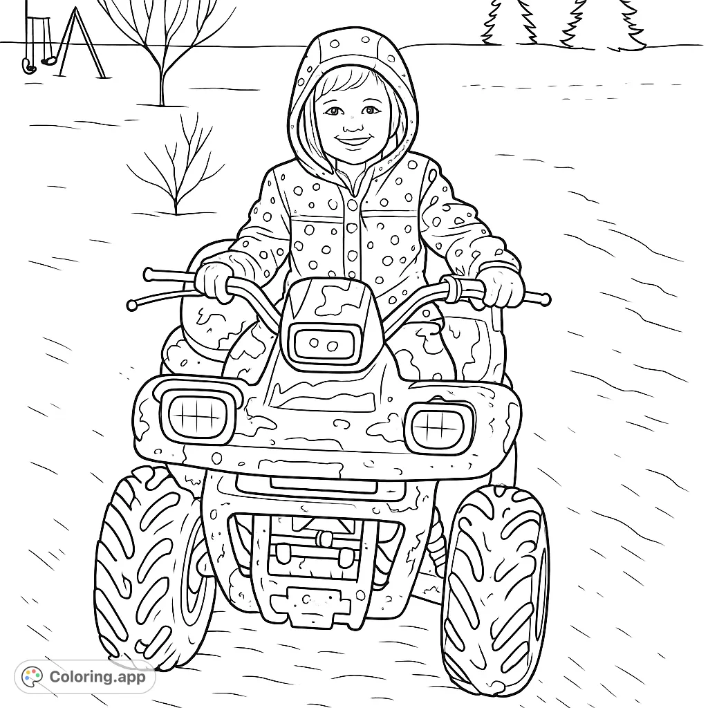 A cheerful child on a rugged ATV in a snowy landscape, ready for an exciting winter adventure. Perfect for vehicle and outdoor fun enthusiasts.