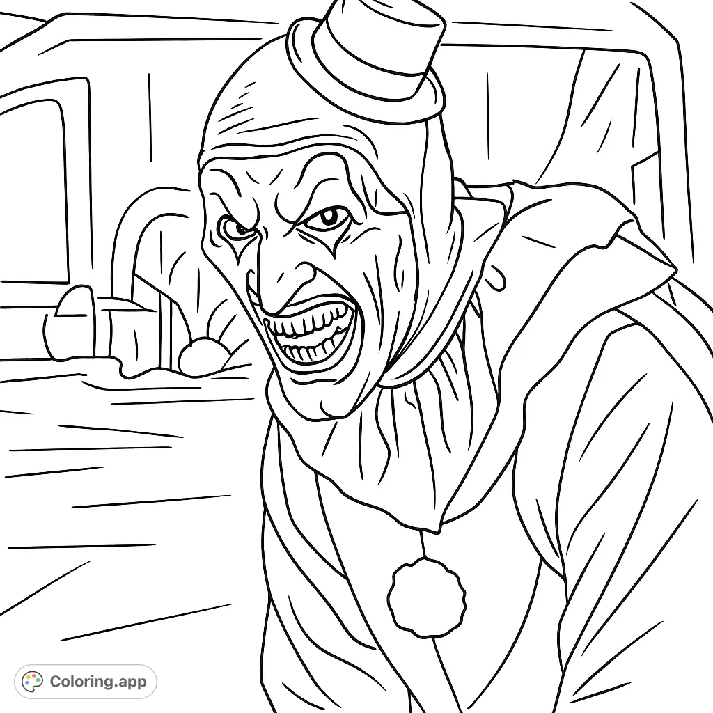 A chilling horror clown with a wide, toothy grin and intense gaze. Perfect for adult colorists seeking a spooky challenge.