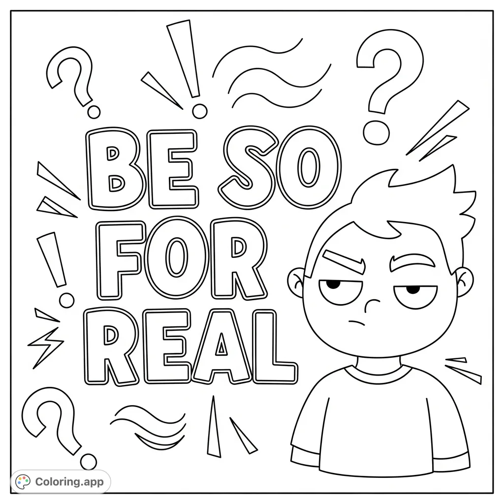 A fun "BE SO FOR REAL" coloring page featuring bold text, a skeptical cartoon character, and playful doodles. Perfect for expressing a mood!