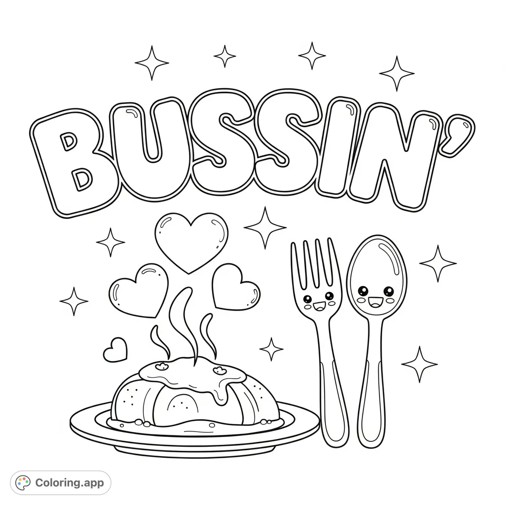 A super fun "BUSSIN'" coloring page with chunky letters, a delicious steaming plate of food, smiling utensils, and playful sparkles. Get ready to color something amazing!