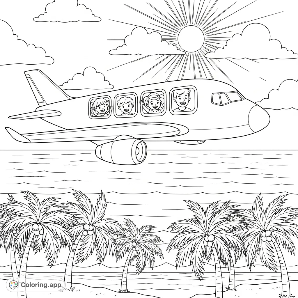 A joyful family smiles from an airplane window, soaring over a tropical sea with swaying palm trees and a radiant sun. A delightful Caribbean travel coloring page.