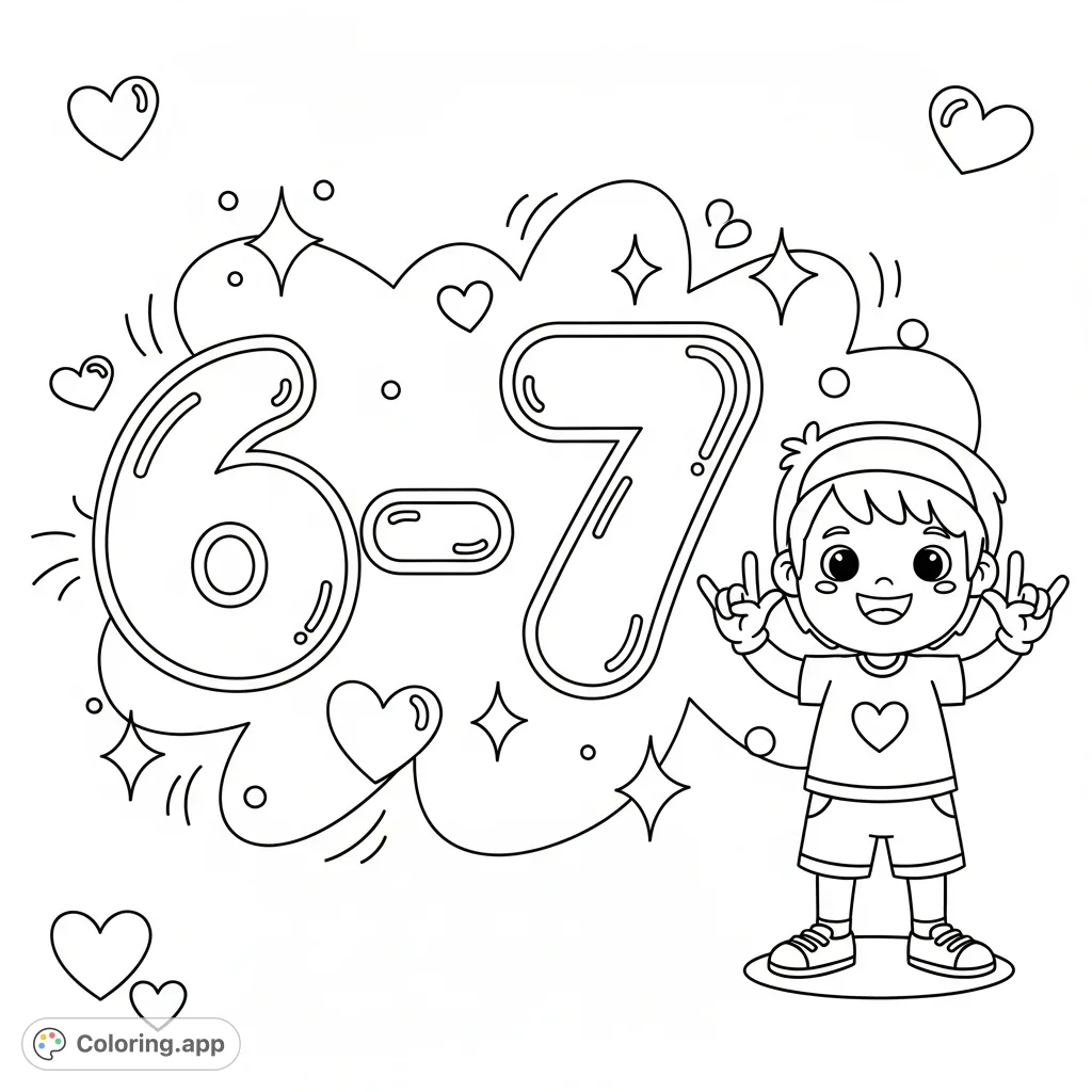 A fun coloring page featuring a confident cartoon kid making hand signs for '6' and '7,' surrounded by whimsical hearts and sparkles. A playful '6–7' text dominates the scene.