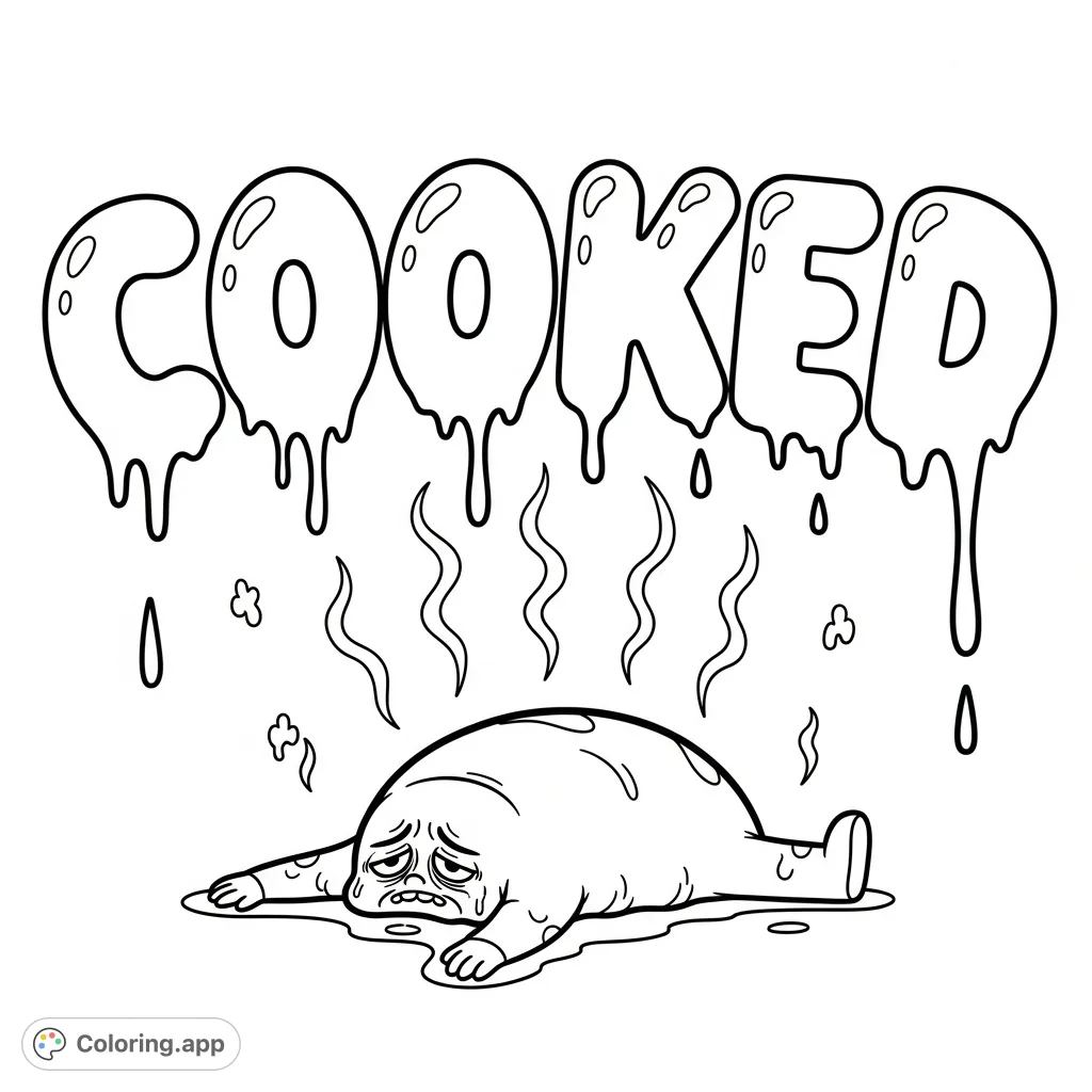 A humorous coloring page featuring the word "COOKED" in melting letters and a cartoon character completely flopped, conveying extreme exhaustion.