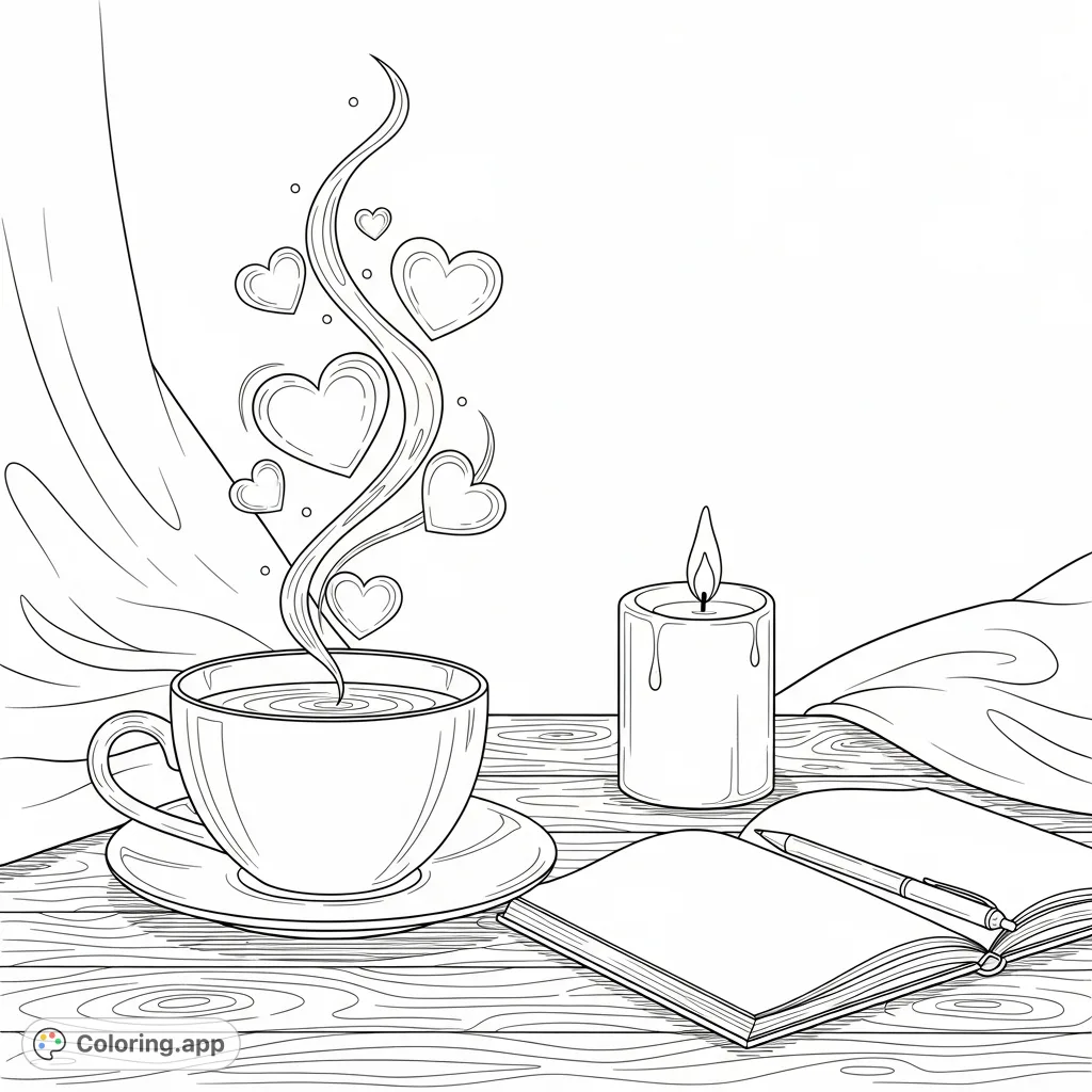 A charming coloring page featuring a teacup with heart-shaped steam, a candle, and an open journal on a cozy table. Perfect for relaxation.