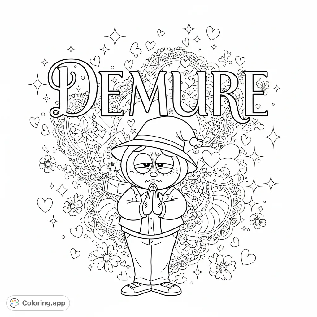 An ironically demure character in an over-polite pose, surrounded by elegant 'DEMURE' text, sparkles, hearts, and floral doodles. A humorous and charming coloring page.