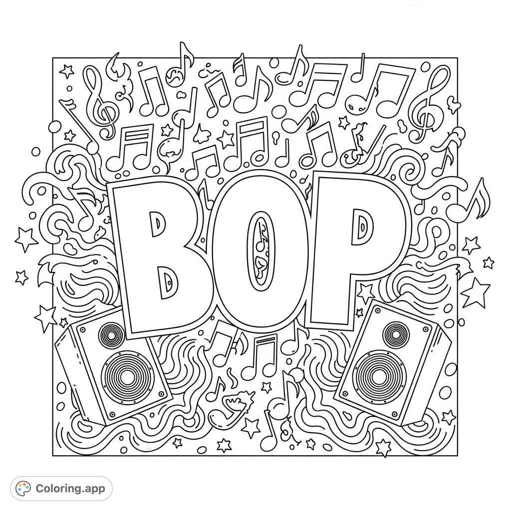 A vibrant "BOP" wordmark surrounded by dancing music notes, cartoon speakers, stars, and swirling sound waves. Perfect for energetic coloring fun!