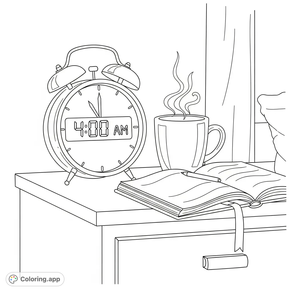 A serene 4 AM alarm clock scene with a steaming mug and open journal on a nightstand. Perfect for a calm, reflective coloring experience.