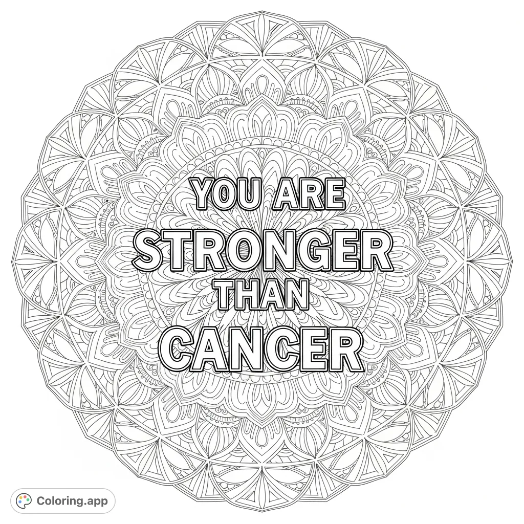 An intricate mandala with geometric and floral patterns radiates from the central text "You are stronger than cancer," offering a powerful message of hope and resilience.