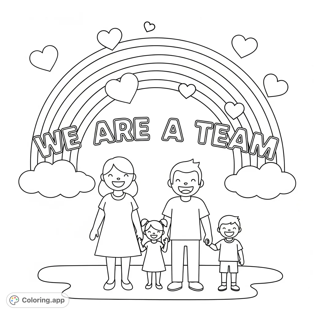 A heartwarming family coloring page featuring a family holding hands under a vibrant rainbow, with floating hearts and the message 'We Are a Team'.