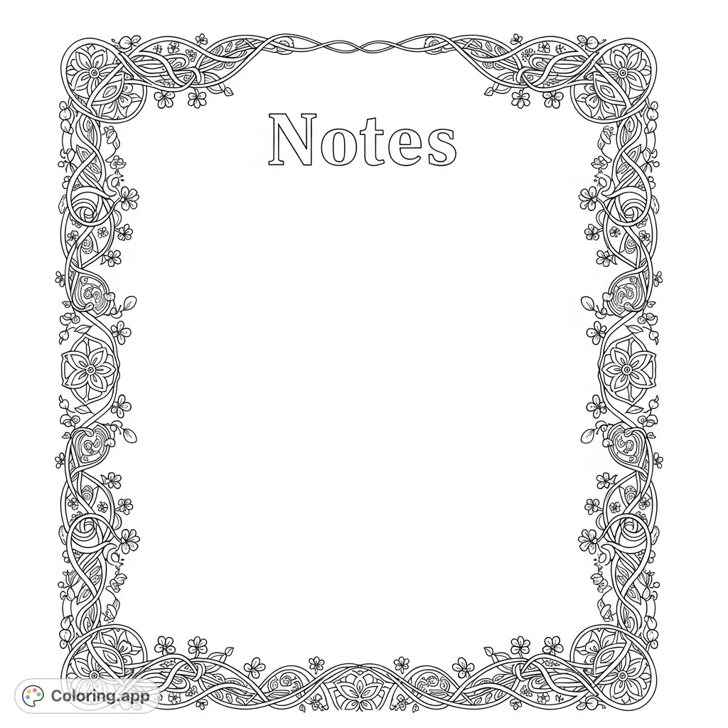 A beautiful 'Notes' coloring page with a delicate floral and mandala border, perfect for journaling, planning, or creative expression. Free printable.