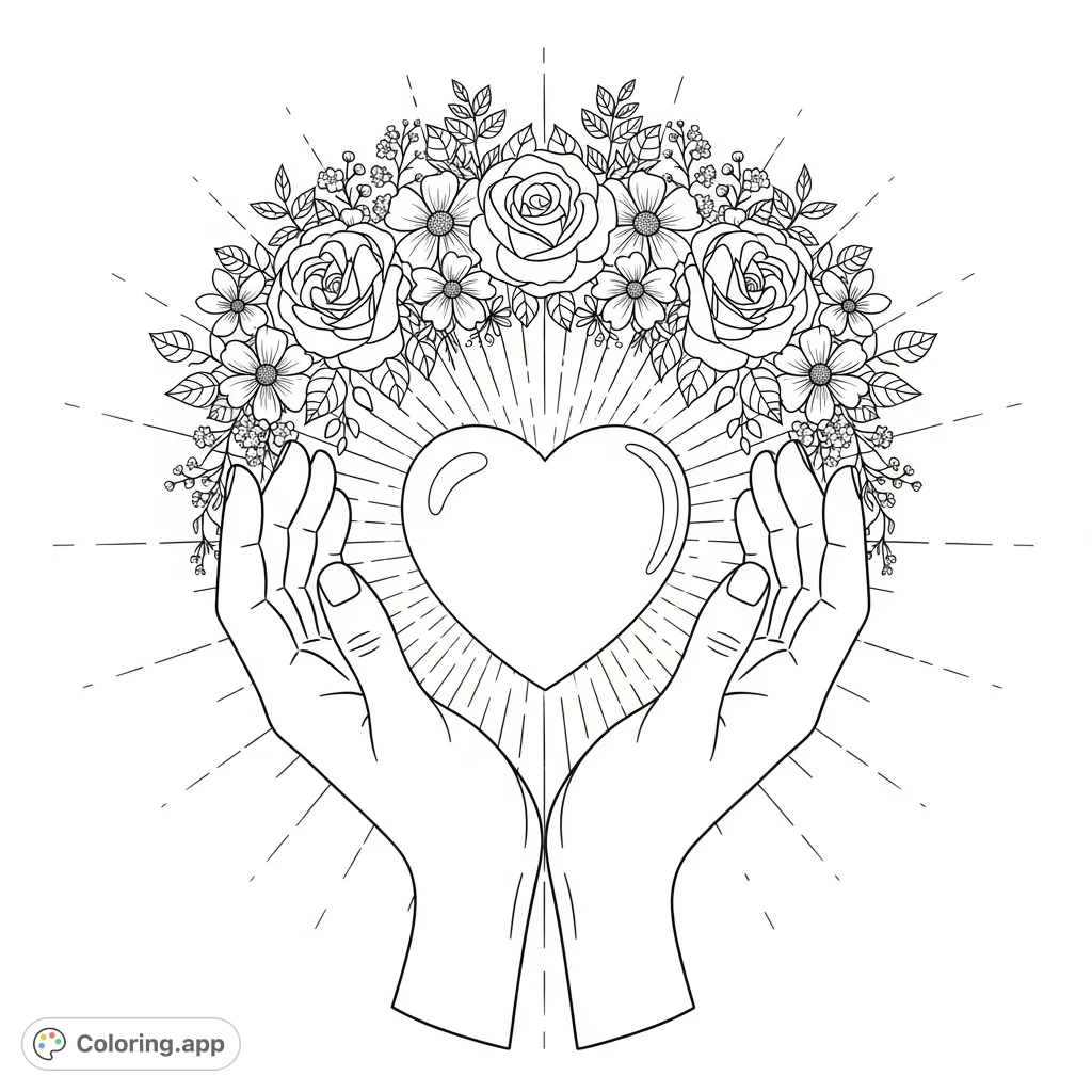 A symbolic coloring page featuring gentle hands tenderly cradling a heart, encircled by a beautiful array of blossoms and radiating light. Perfect for reflection.