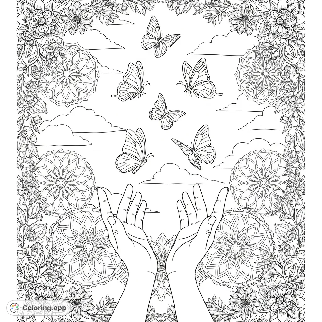 A serene coloring page featuring hands releasing delicate butterflies amidst intricate mandala patterns and a lush floral border, perfect for mindful coloring.