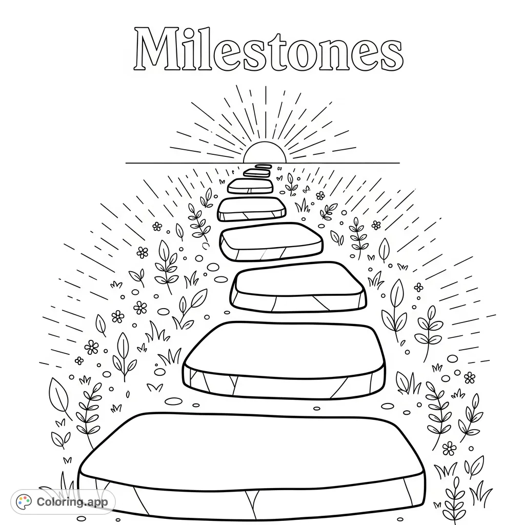 Embark on a reflective journey with this Milestones coloring page, featuring a winding path of blank stepping stones leading to a hopeful horizon.