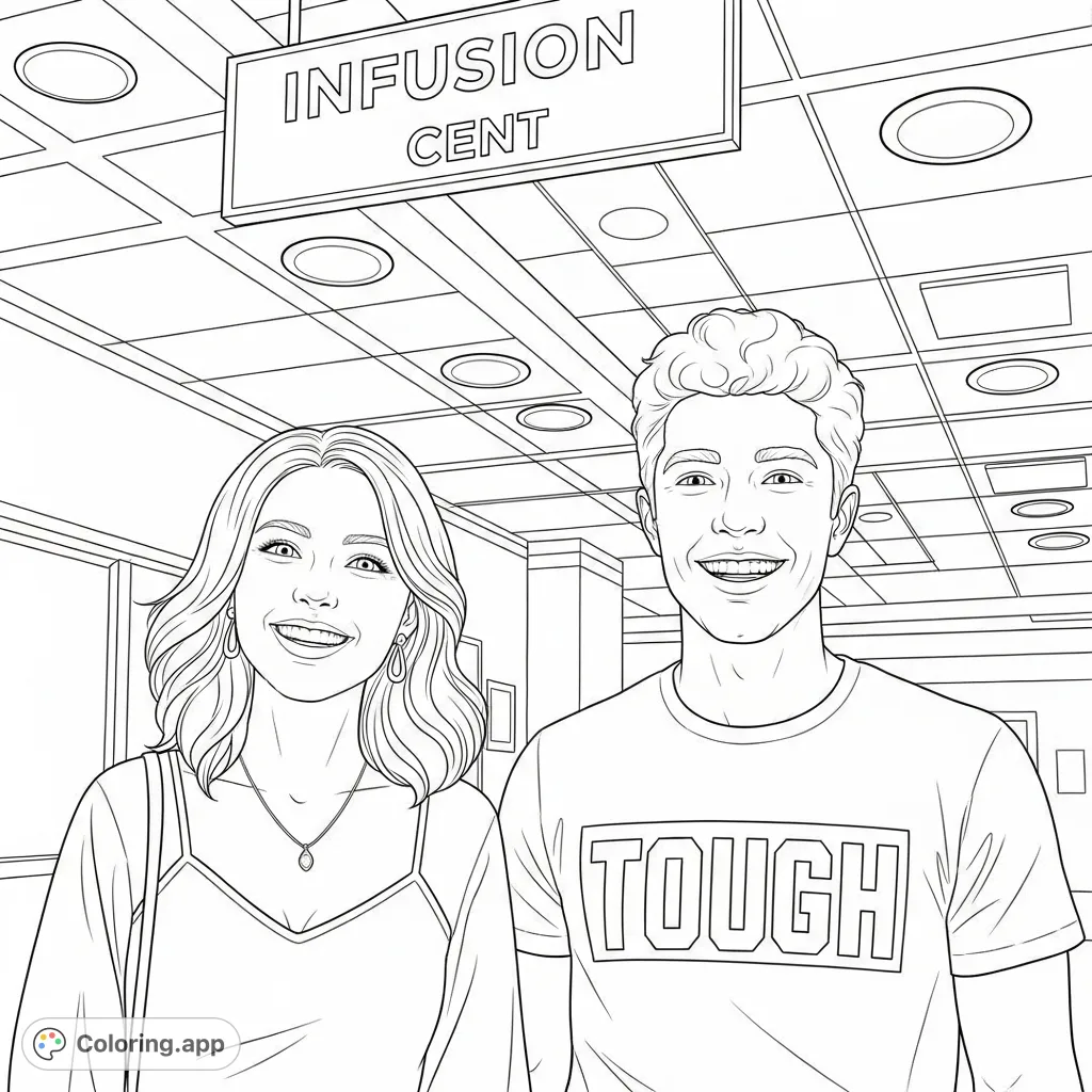 A heartwarming scene featuring a smiling woman and man in an indoor hallway, with a detailed ceiling and an 'Infusion Cent' sign overhead.