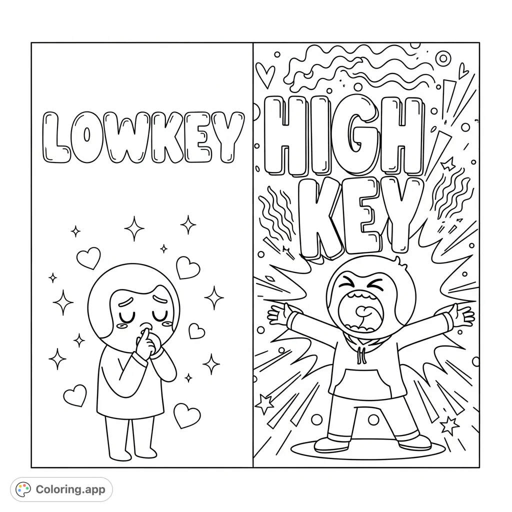 Explore the contrast of 'Lowkey' and 'Highkey' with two expressive cartoon characters. One whispers quietly with gentle hearts, the other shouts loudly amidst bold sound waves.