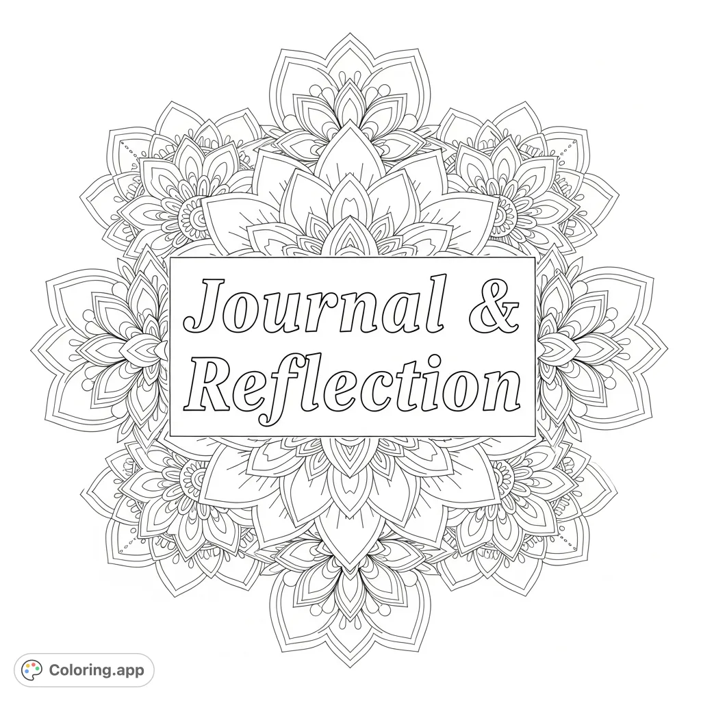 An intricate mandala flower coloring page featuring "Journal & Reflection" text, perfect for mindful coloring and personal growth. A beautiful divider.