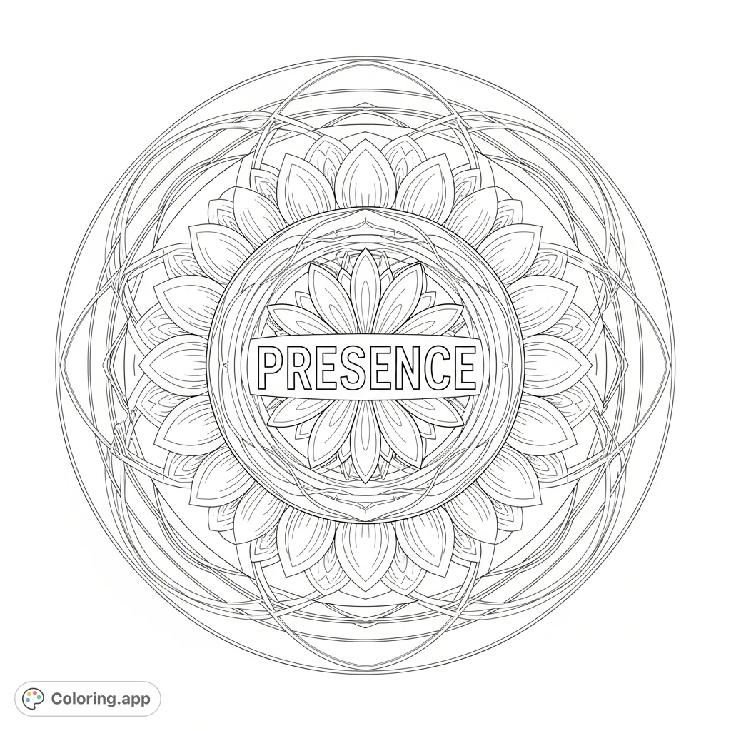 Discover tranquility with this intricate circular mandala, featuring "Presence" at its heart, surrounded by delicate lotus petals and calming water ripple patterns. A meditative coloring journey.